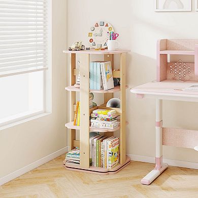 Costway 360° Spinning 3-Tier Kids Book Shelf Tower with 12 Sectors Cute Square Book Stand