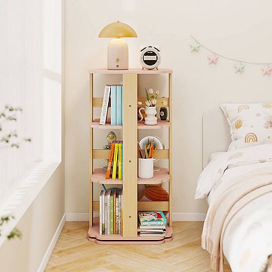 Costway 360° Spinning 3-Tier Kids Book Shelf Tower with 12 Sectors Cute Square Book Stand