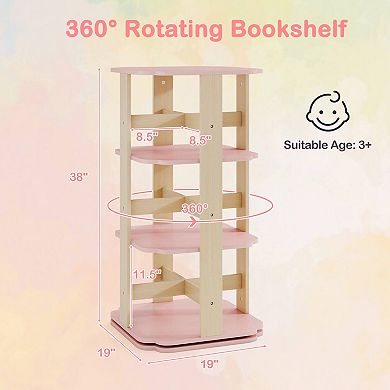 Costway 360° Spinning 3-Tier Kids Book Shelf Tower with 12 Sectors Cute Square Book Stand