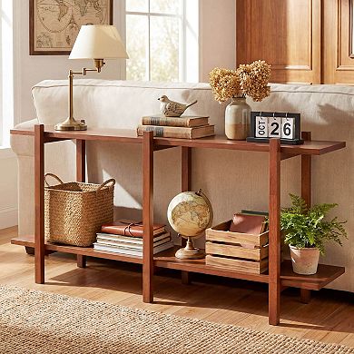 Costway 2-Tier Wood Bookshelf, Low Horizontal Rubberwood Bookcase for Storage & Display