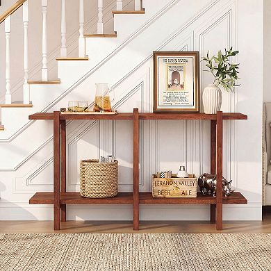 Costway 2-Tier Wood Bookshelf, Low Horizontal Rubberwood Bookcase for Storage & Display