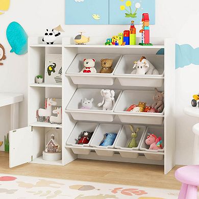 Costway Kids Toy Storage and Bookshelf, Wooden Bookcase with 4 Small Boxes & 4 Large Boxes