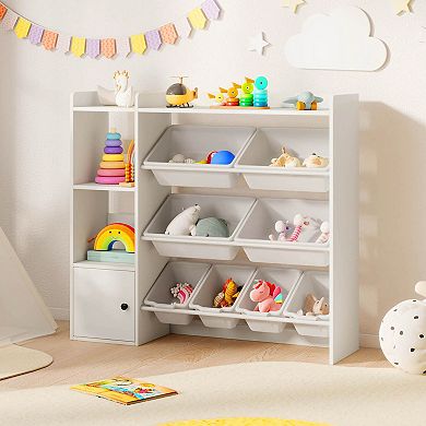 Costway Kids Toy Storage and Bookshelf, Wooden Bookcase with 4 Small Boxes & 4 Large Boxes