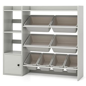 Costway Kids Toy Storage and Bookshelf, Wooden Bookcase with 4 Small Boxes & 4 Large Boxes
