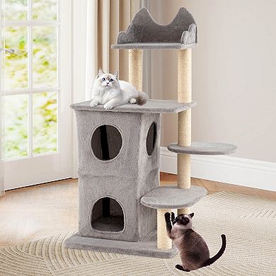 Costway 48.5 inch Cat Tree for Indoor Cat with 2-story Condo, 3 Hideaway Caves, Plush Perch