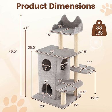 Costway 48.5 inch Cat Tree for Indoor Cat with 2-story Condo, 3 Hideaway Caves, Plush Perch