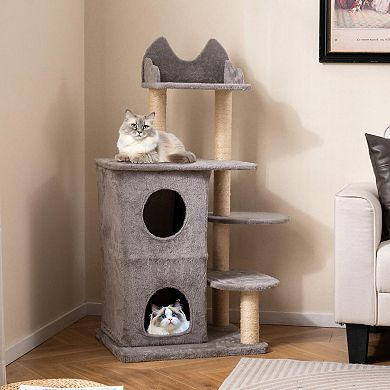 Costway 48.5 inch Cat Tree for Indoor Cat with 2-story Condo, 3 Hideaway Caves, Plush Perch
