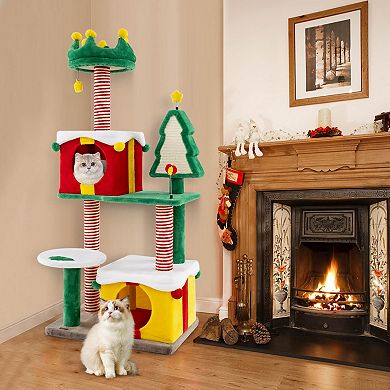 Costway Christmas Cat Tree for Indoor Cats with Sisal Scratching Posts Carpet Plush Perch