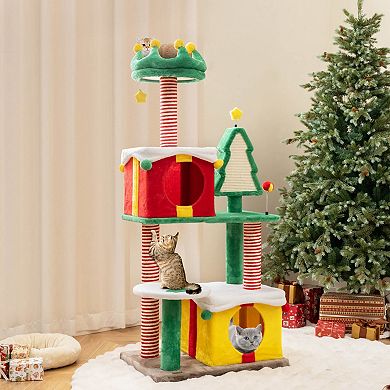 Costway Christmas Cat Tree for Indoor Cats with Sisal Scratching Posts Carpet Plush Perch