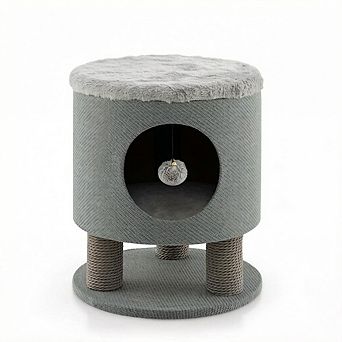 Costway 3-IN-1 Cat Condo Stool Kitty Bed with Scratching Posts & Plush Ball Toy Grey