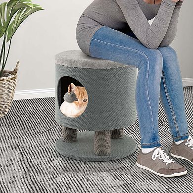 Costway 3-IN-1 Cat Condo Stool Kitty Bed with Scratching Posts & Plush Ball Toy Grey