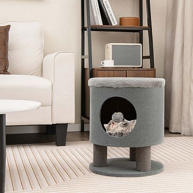 Costway 3-IN-1 Cat Condo Stool Kitty Bed with Scratching Posts & Plush Ball Toy Grey