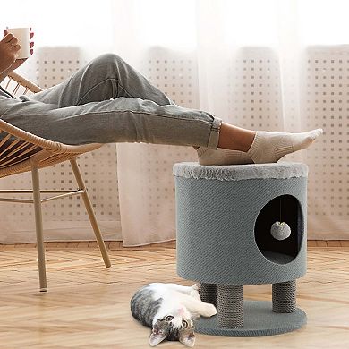 Costway 3-IN-1 Cat Condo Stool Kitty Bed with Scratching Posts & Plush Ball Toy Grey