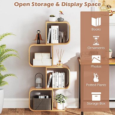 Costway 1 PCS 4-Tier S-Shaped Bookcase with 4 Open Cubes Geometric Corner Display Shelf