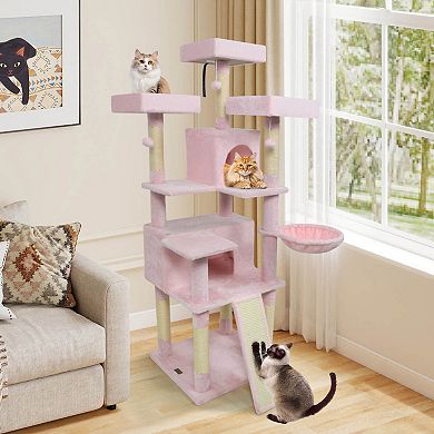 Costway 65” Tall Multi-level Cat Tree with 3 Upholstered Top Perch 2 Cat Condos Cat Basket