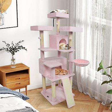 Costway 65” Tall Multi-level Cat Tree with 3 Upholstered Top Perch 2 Cat Condos Cat Basket