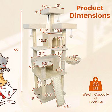 Costway 65” Tall Multi-level Cat Tree with 3 Upholstered Top Perch 2 Cat Condos Cat Basket