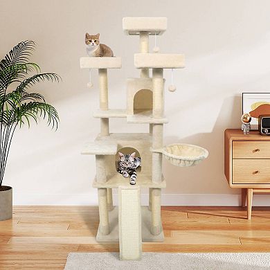 Costway 65” Tall Multi-level Cat Tree with 3 Upholstered Top Perch 2 Cat Condos Cat Basket