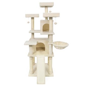 Costway 65” Tall Multi-level Cat Tree with 3 Upholstered Top Perch 2 Cat Condos Cat Basket