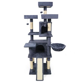 Costway 65” Tall Multi-level Cat Tree with 3 Upholstered Top Perch 2 Cat Condos Cat Basket