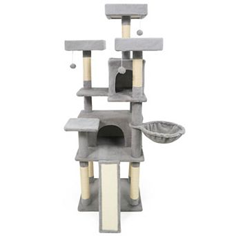 Costway 65” Tall Multi-level Cat Tree with 3 Upholstered Top Perch 2 Cat Condos Cat Basket