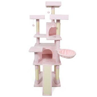 Costway 65” Tall Multi-level Cat Tree with 3 Upholstered Top Perch 2 Cat Condos Cat Basket