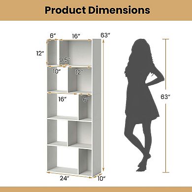 Costway 63" Tall Floor Standing Open Bookshelf with 10 Cubbies 5 Back Anti-falling Panels
