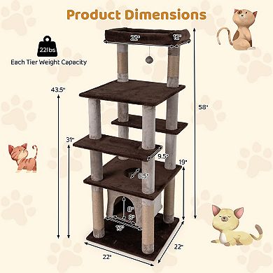 Costway Large Multi-level Cat Tree 58" Tall Cat Tower with Swaying Aerial Condo Perch Bed