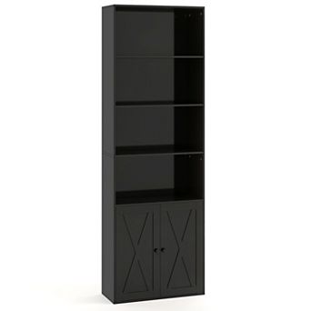 Costway 71" Farmhouse Bookcase with Doors with 6 Shelves & 2-Door Cabinet for Bedroom Black
