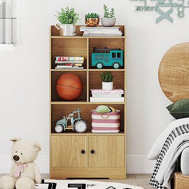 Costway Freestanding Bookshelf with Doors 2 Storage Cabinets and 5 Cubbies 2 Anti-tip Kits