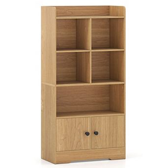 Costway Freestanding Bookshelf with Doors 2 Storage Cabinets and 5 Cubbies 2 Anti-tip Kits