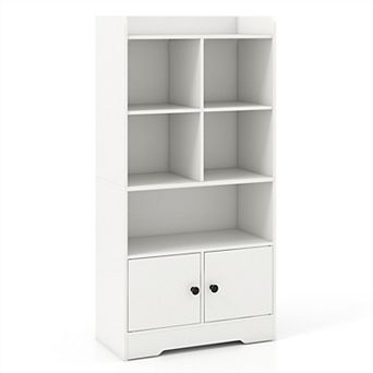 Costway Freestanding Bookshelf with Doors 2 Storage Cabinets and 5 Cubbies 2 Anti-tip Kits