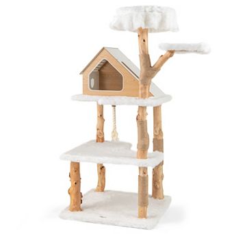 Costway 60" Tall Solid Wood Cat Tree with 2 Perches Condo Jute Scratching Posts Sisal Rope