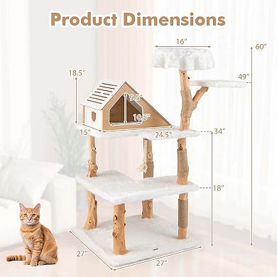 Costway 60" Tall Solid Wood Cat Tree with 2 Perches Condo Jute Scratching Posts Sisal Rope