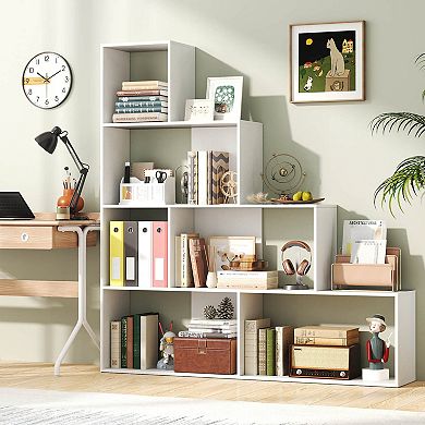 Costway 4-Tier Bookshelf with 6 Storage Cubes 64" Tall Modern Geometric Stair Bookcase