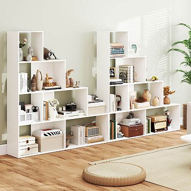 Costway 4-Tier Bookshelf with 6 Storage Cubes 64" Tall Modern Geometric Stair Bookcase