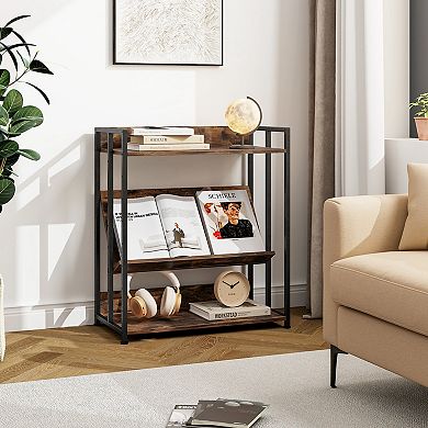 Costway 3-Tier Industrial Metal Frame Corner Bookcase with Adjustable Shelves Rustic Brown