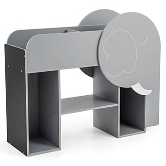 Costway Montessori Bookshelf with Elephant Shape, Chalkboard, 5 Cubbies, 3-Row Abacus Toy