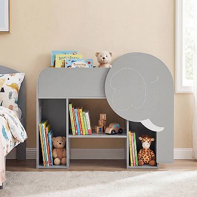 Costway Montessori Bookshelf with Elephant Shape, Chalkboard, 5 Cubbies, 3-Row Abacus Toy