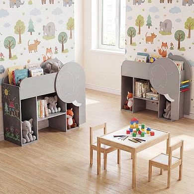 Costway Montessori Bookshelf with Elephant Shape, Chalkboard, 5 Cubbies, 3-Row Abacus Toy