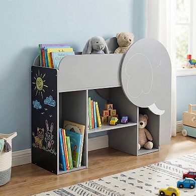Costway Montessori Bookshelf with Elephant Shape, Chalkboard, 5 Cubbies, 3-Row Abacus Toy