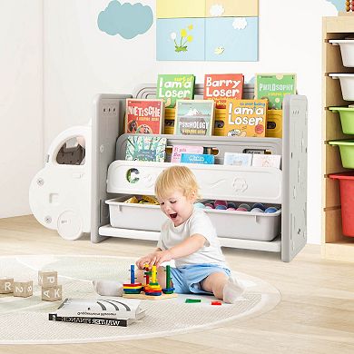 Costway 3-Tier Kids Toy Storage and Bookshelf with 2 Storage Boxes Decorative Car Head