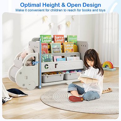 Costway 3-Tier Kids Toy Storage and Bookshelf with 2 Storage Boxes Decorative Car Head