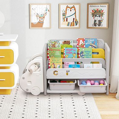 Costway 3-Tier Kids Toy Storage and Bookshelf with 2 Storage Boxes Decorative Car Head