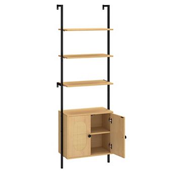 Costway Ladder Bookshelf with Rattan Cabinet 71" Tall Wall Mounted Bookcase