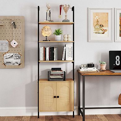 Costway Ladder Bookshelf with Rattan Cabinet 71" Tall Wall Mounted Bookcase