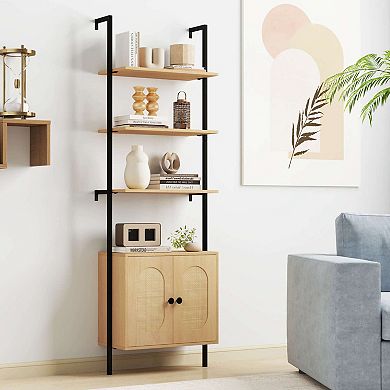 Costway Ladder Bookshelf with Rattan Cabinet 71" Tall Wall Mounted Bookcase