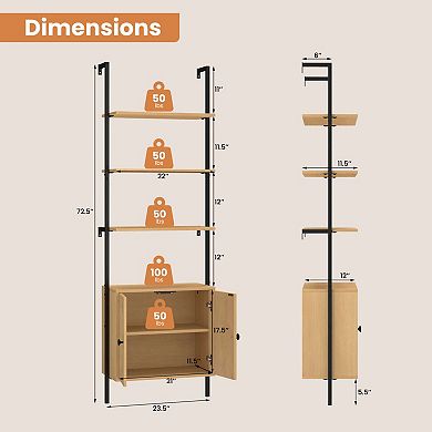 Costway Ladder Bookshelf with Rattan Cabinet 71" Tall Wall Mounted Bookcase