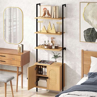Costway Ladder Bookshelf with Rattan Cabinet 71" Tall Wall Mounted Bookcase