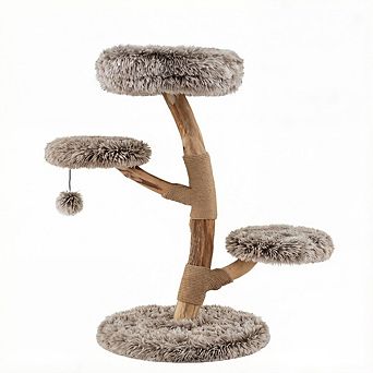 Costway Modern Cat Tree with Pear Wood Trunks Scratching Posts Soft Long Plush Fabric
